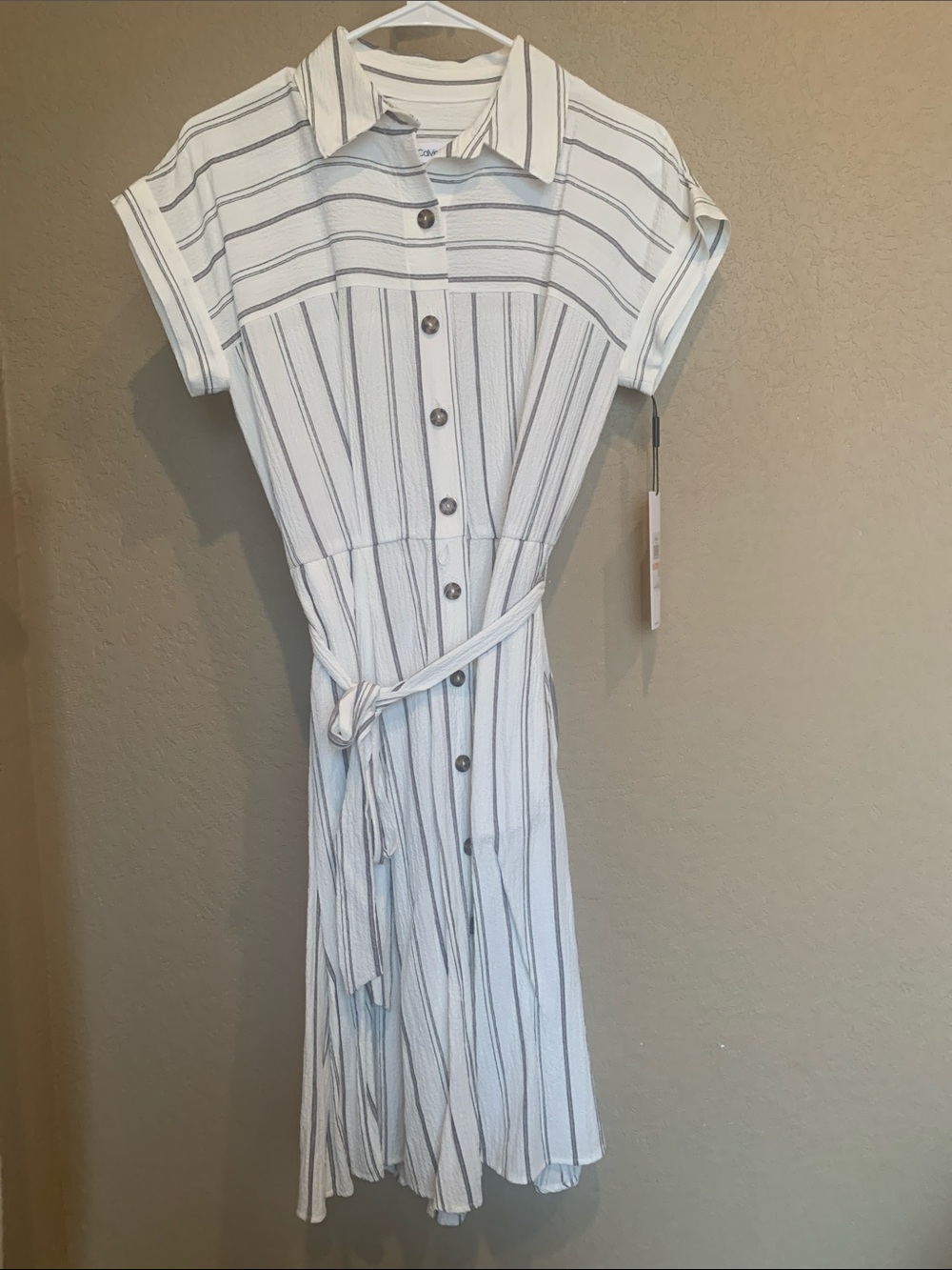 Calvin Klein White Dress with Gray Vertical Stripes